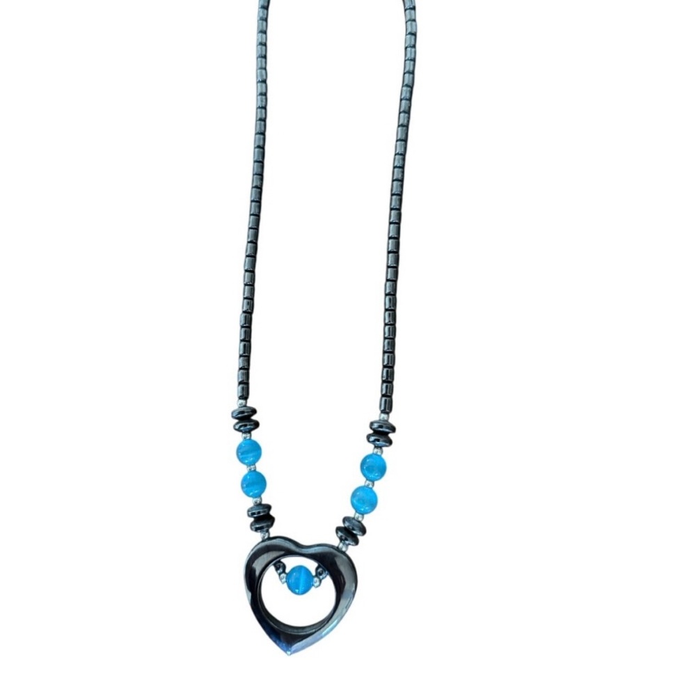 Vintage Hematite Blue Beaded Heart Pendant Necklace 18”